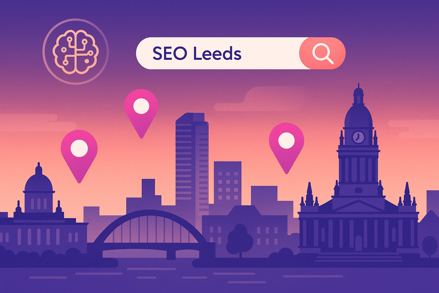 SEO Leeds illustration with city skyline and location pins